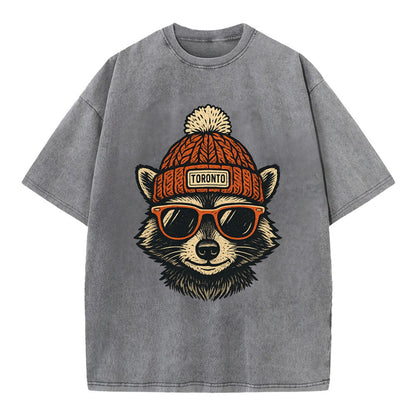 Toronto Raccoon wearing Toronto beanie with pom pom and wayfarer sunglasses - Vintage T-shirt - Grey