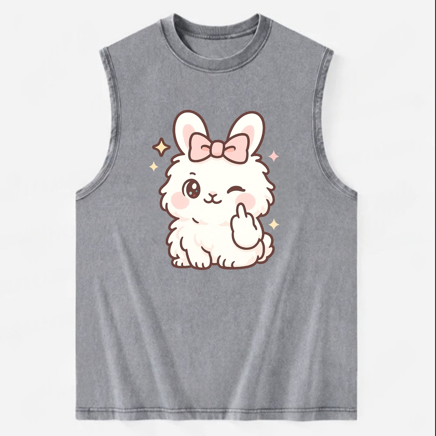 fluffy white angora rabbit with pink bow, one paw delicately flipping off - Vintage Washed Tank - Grey