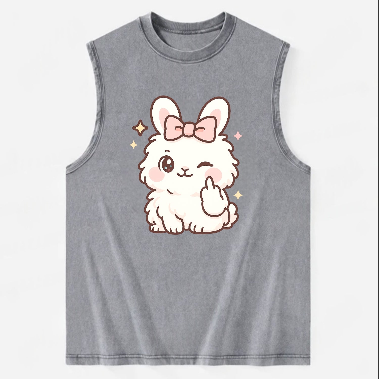 fluffy white angora rabbit with pink bow, one paw delicately flipping off - Vintage Washed Tank - Grey