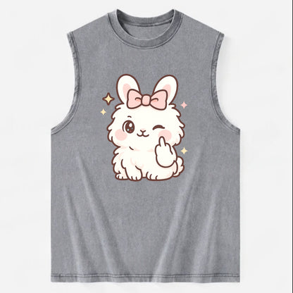 fluffy white angora rabbit with pink bow, one paw delicately flipping off - Vintage Washed Tank - Grey