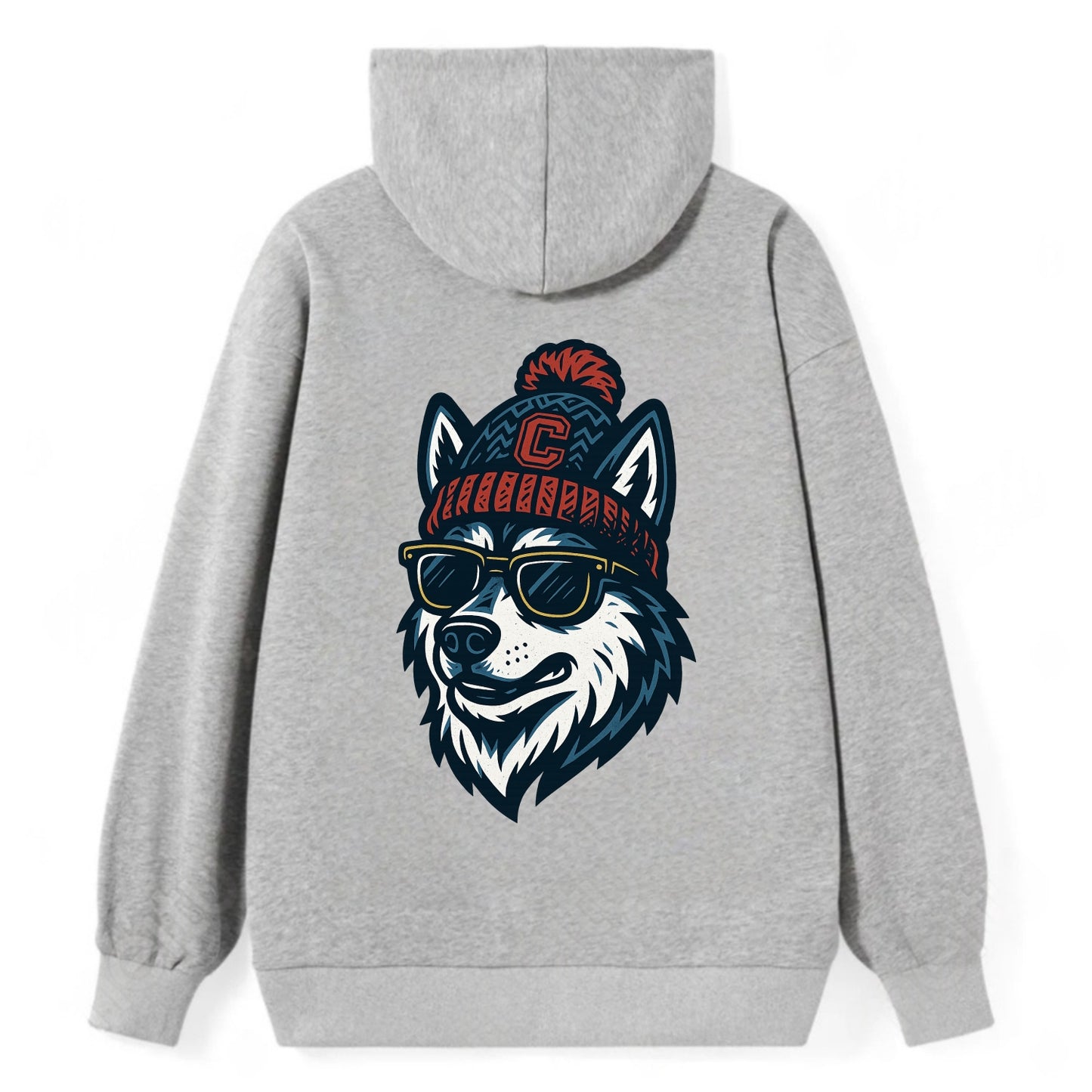 Storrs Husky wearing UConn beanie with C patch - Classic Pullover Hoodie - Grey