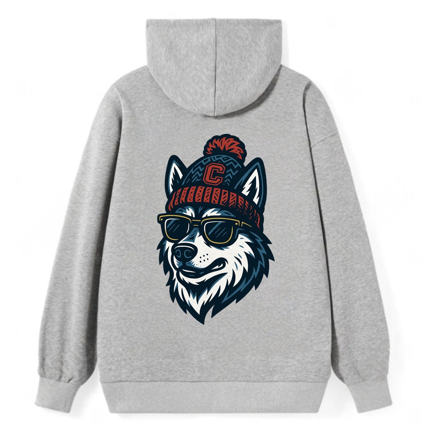 Storrs Husky wearing UConn beanie with C patch - Classic Pullover Hoodie - Grey