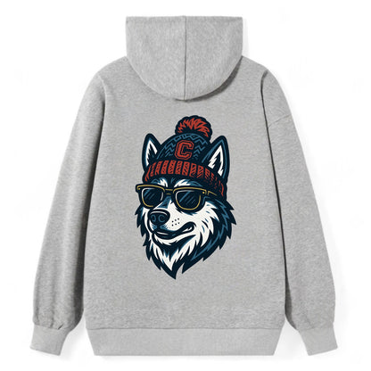 Storrs Husky wearing UConn beanie with C patch - Classic Pullover Hoodie - Grey