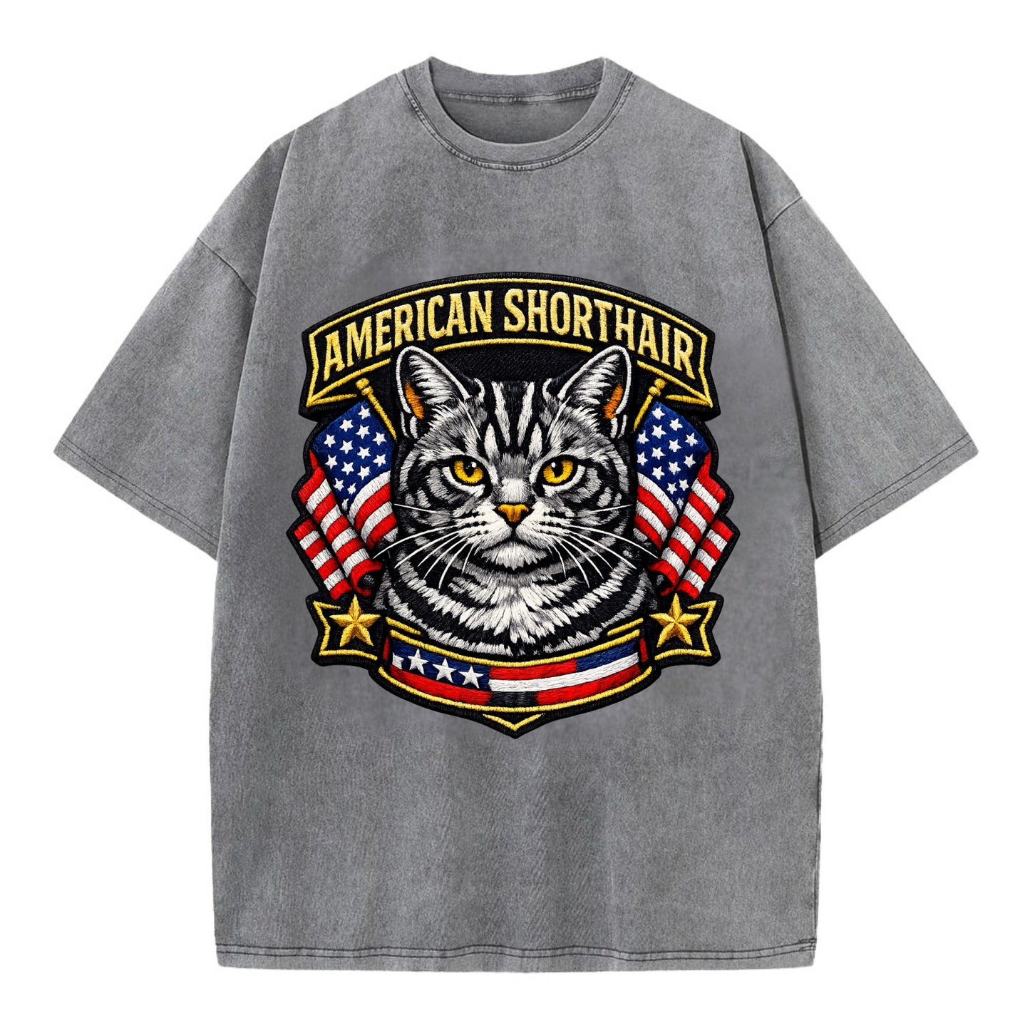 AMERICAN SHORTHAIR - classic american cat in silver tabby , all-American cat - Vintage T-shirt - Grey