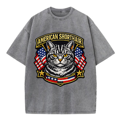 AMERICAN SHORTHAIR - classic american cat in silver tabby , all-American cat - Vintage T-shirt - Grey