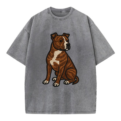 American Staffordshire Terrier - Brindle embroidered pose - Vintage T-shirt - Grey
