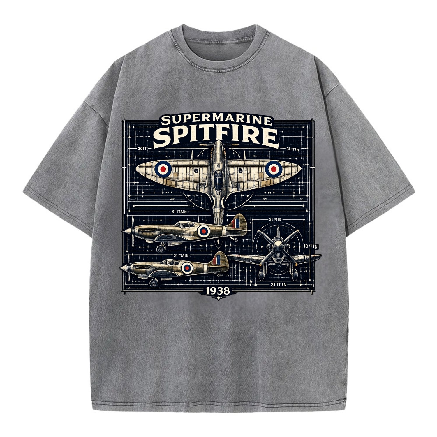 Spitfire Blueprint - Vintage T-shirt - Grey