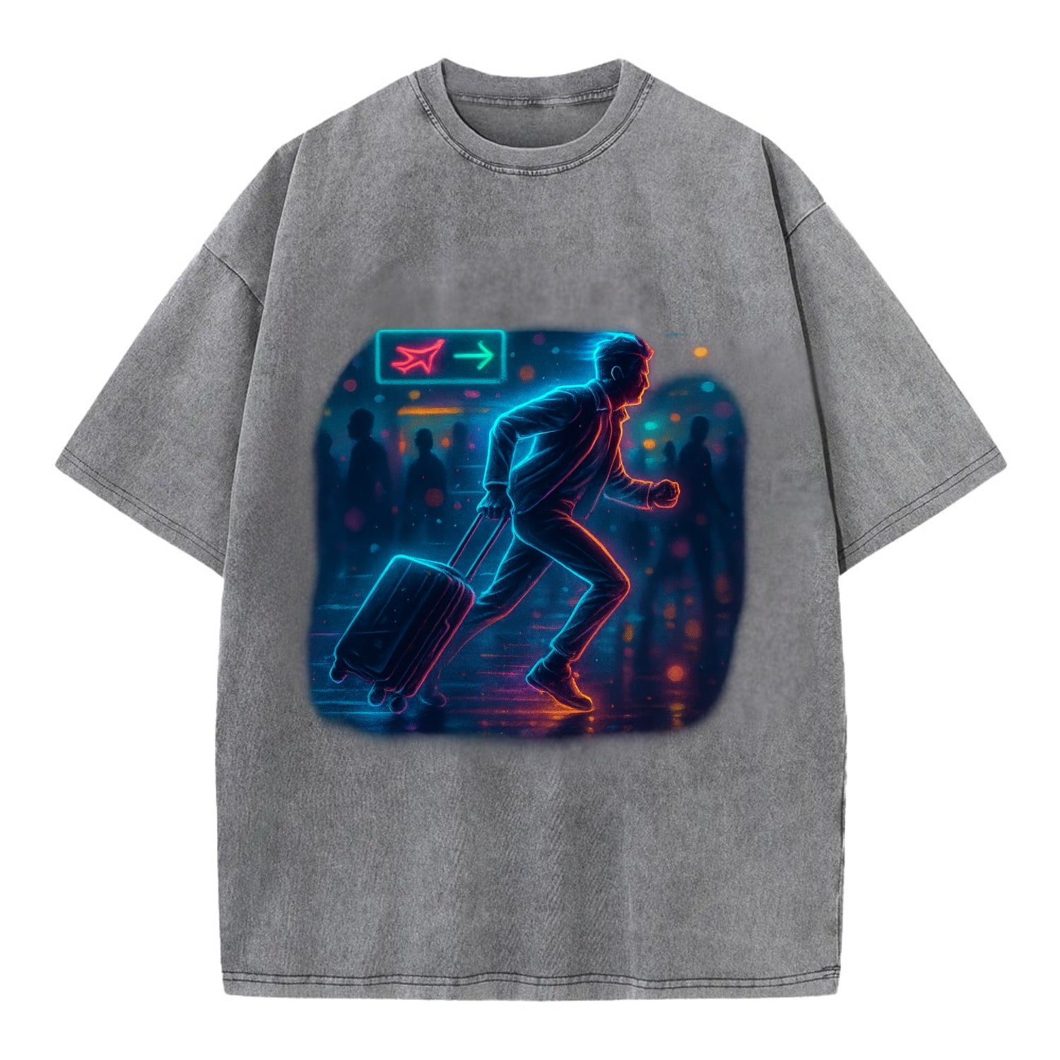 person running with luggage through crowded airport terminal - Vintage T-shirt - Grey