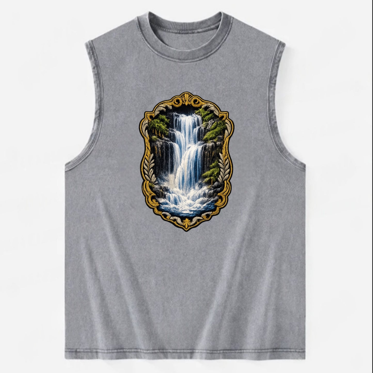 WATERFALL CASCADE - falling water with mist in blue and white , nature wonder - Vintage Washed Tank - Grey