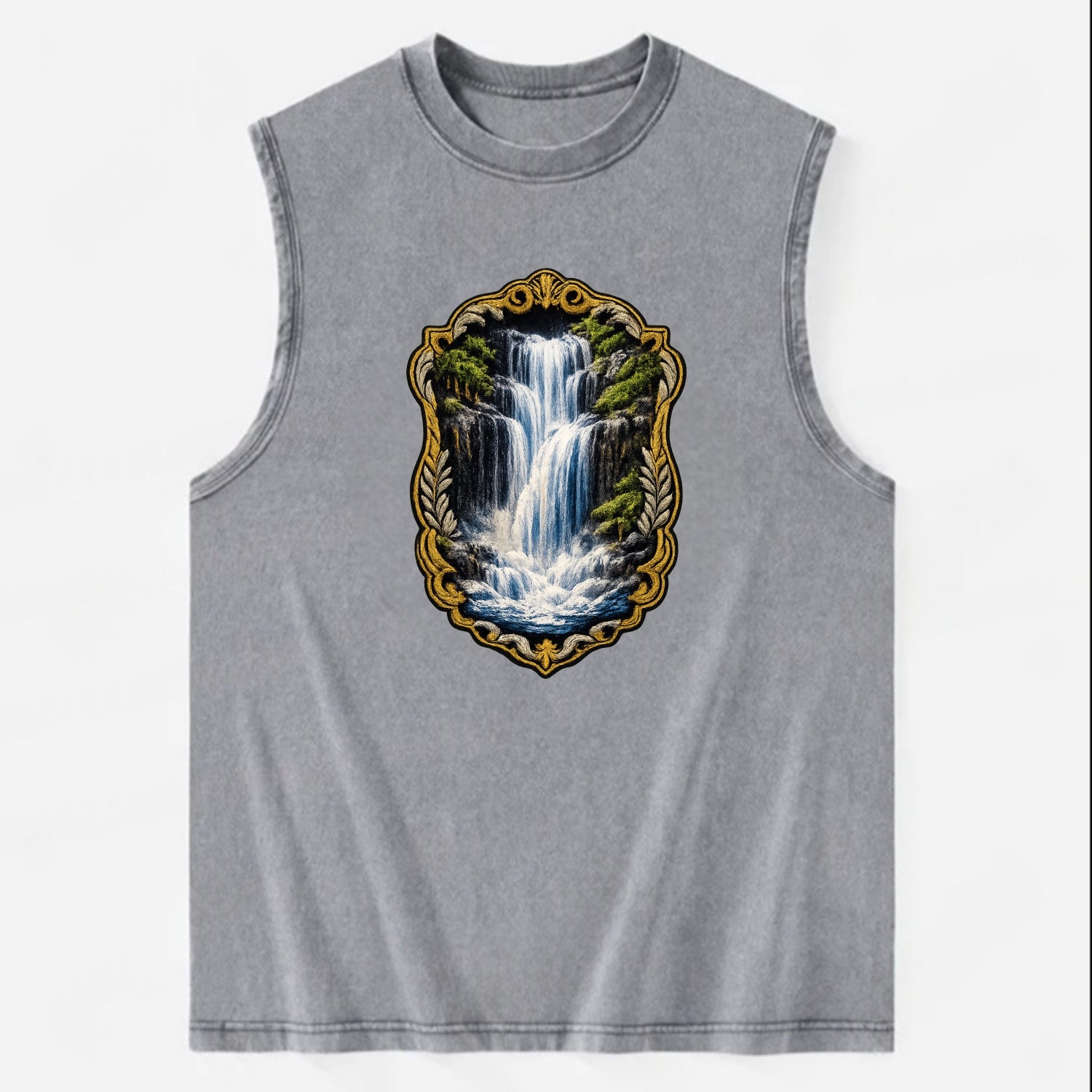 WATERFALL CASCADE - falling water with mist in blue and white , nature wonder - Vintage Washed Tank - Grey