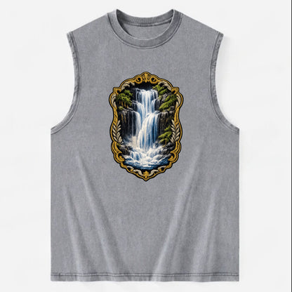 WATERFALL CASCADE - falling water with mist in blue and white , nature wonder - Vintage Washed Tank - Grey