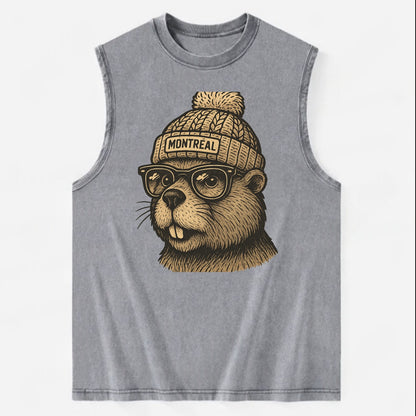 Montreal Beaver wearing Montreal beanie with pom pom and wayfarer sunglasses - Vintage Washed Tank - Grey
