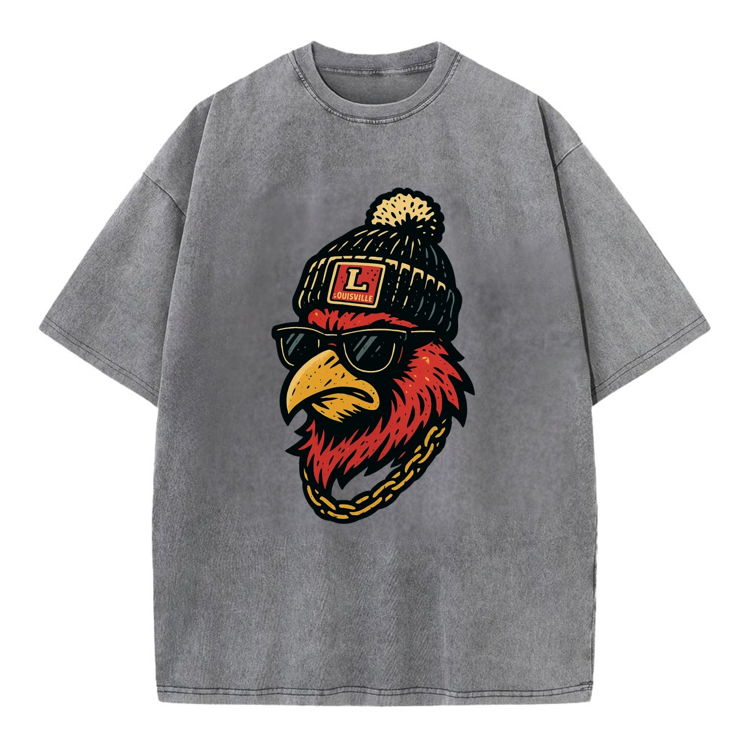 Louisville Cardinal wearing Louisville beanie with L patch - Vintage T-shirt - Grey