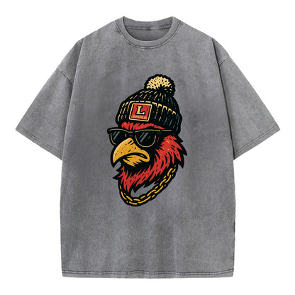 Louisville Cardinal wearing Louisville beanie with L patch - Vintage T-shirt - Grey