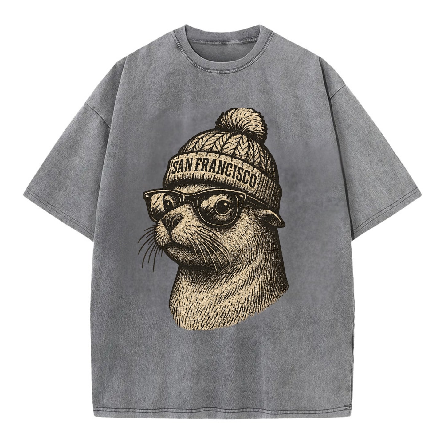 San Francisco Sea Lion wearing San Francisco beanie with pom pom and wayfarer - Vintage T-shirt - Grey