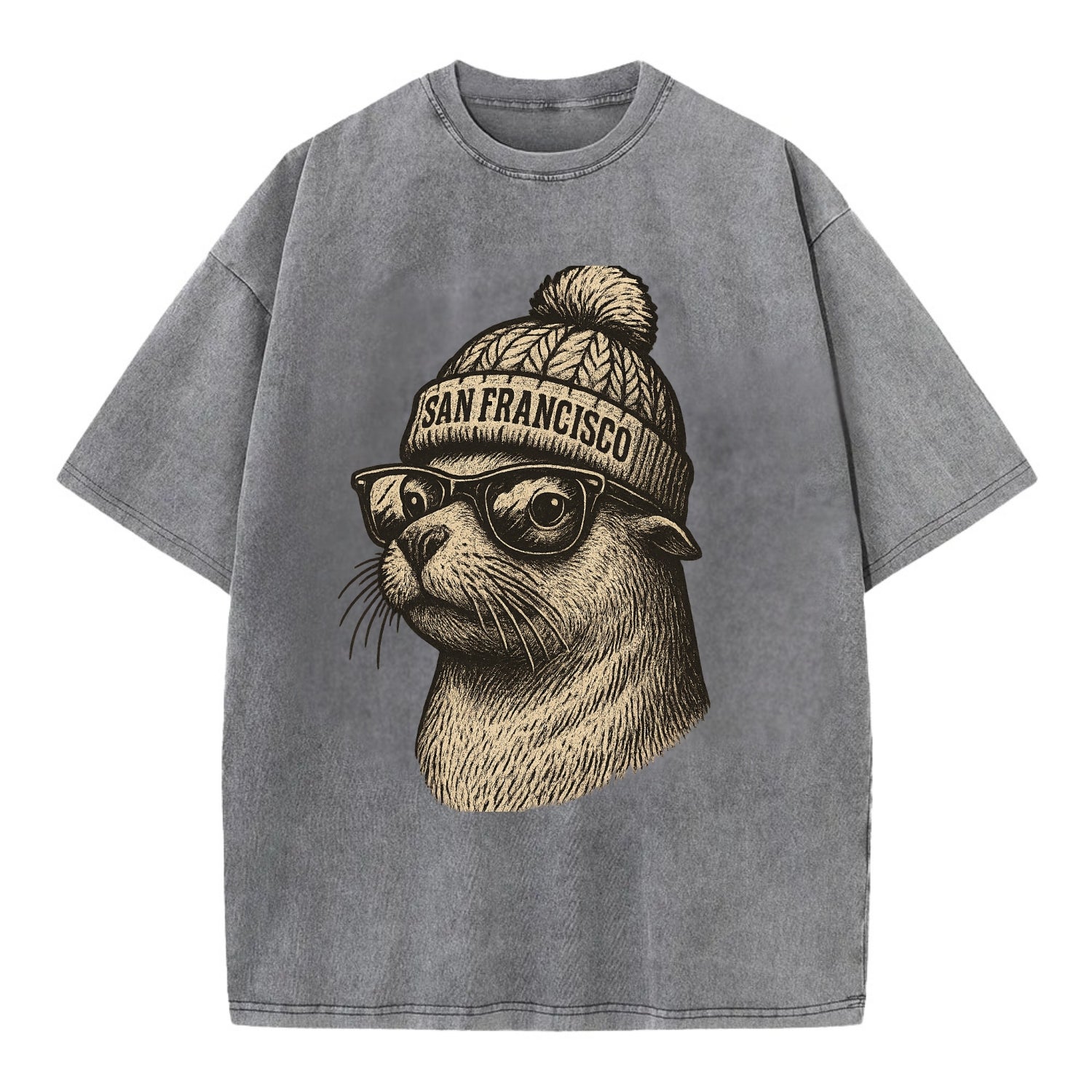 San Francisco Sea Lion wearing San Francisco beanie with pom pom and wayfarer - Vintage T-shirt - Grey
