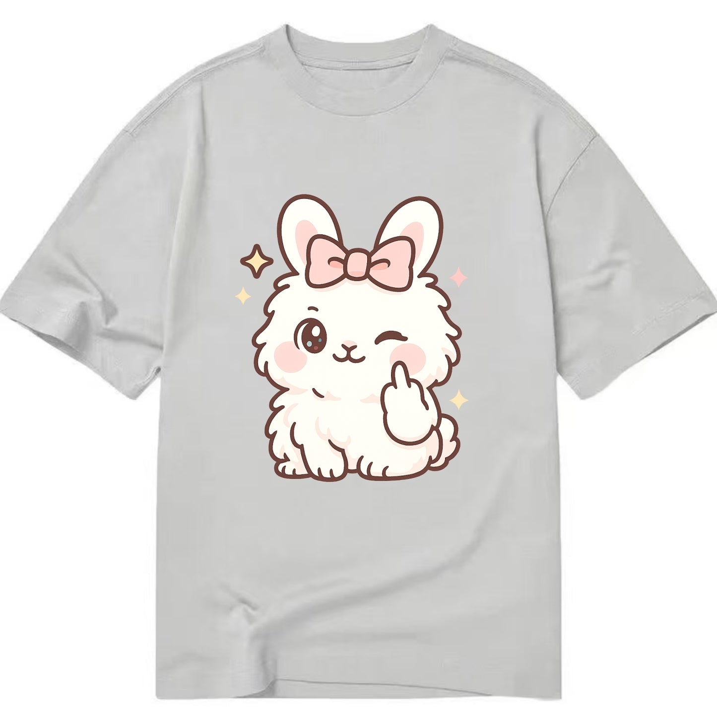 fluffy white angora rabbit with pink bow, one paw delicately flipping off - Classic T-shirt - Grey