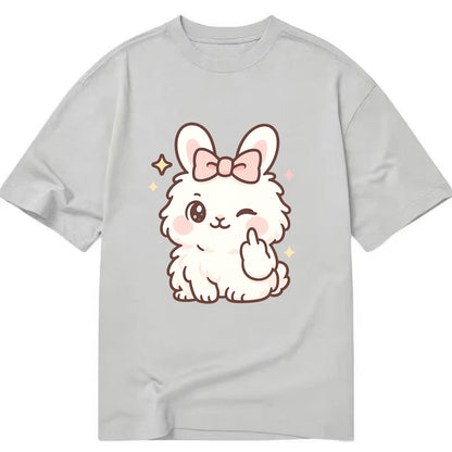 fluffy white angora rabbit with pink bow, one paw delicately flipping off - Classic T-shirt - Grey