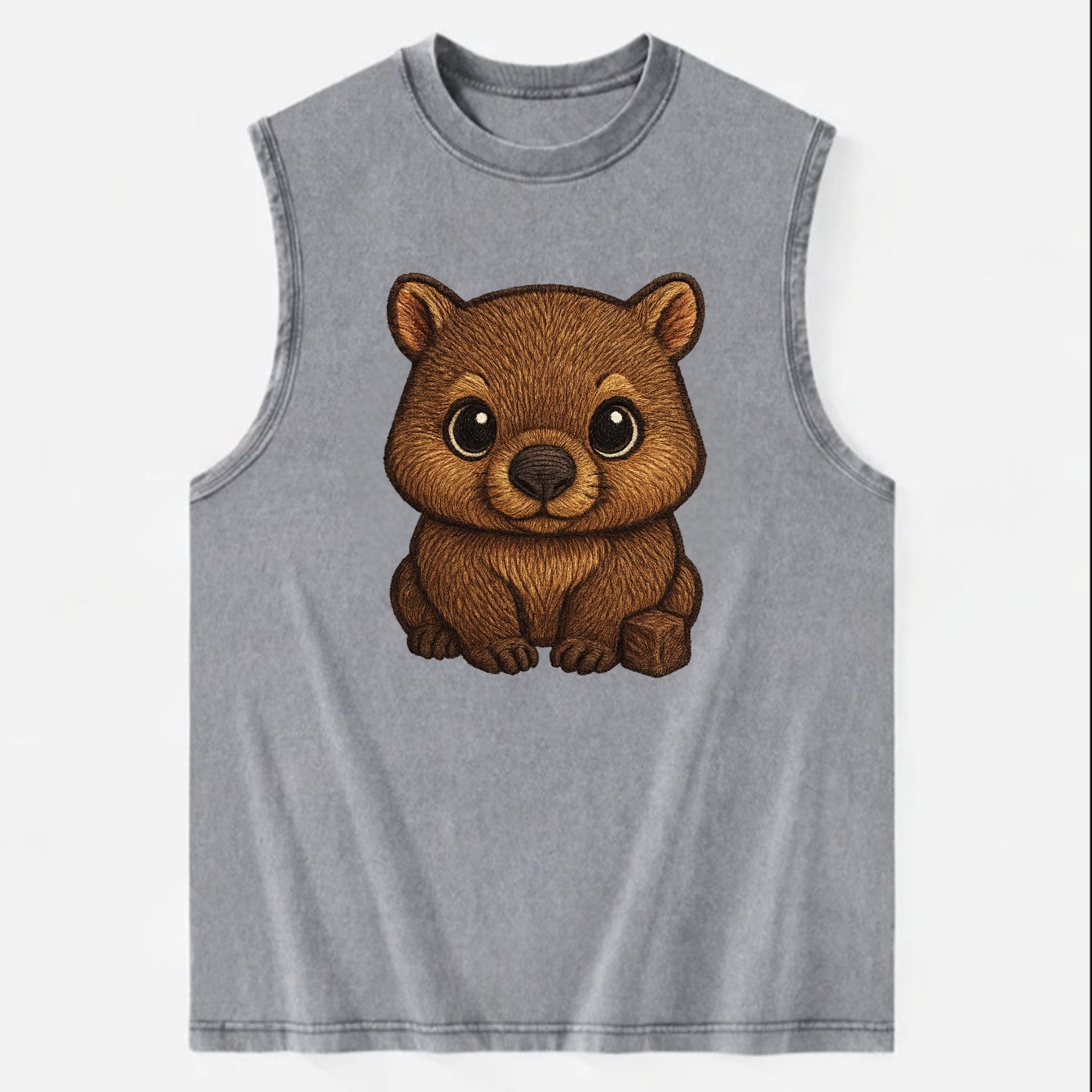 Baby Wombat - brown fur, square nose, small ears, dark eyes, front-facing, - Vintage Washed Tank - Grey