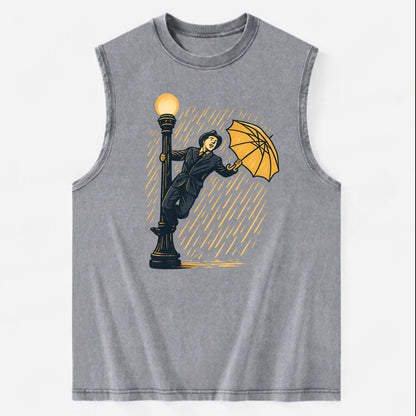 joyful dancing on lamppost in heavy rain with big smile - Vintage Washed Tank - Grey