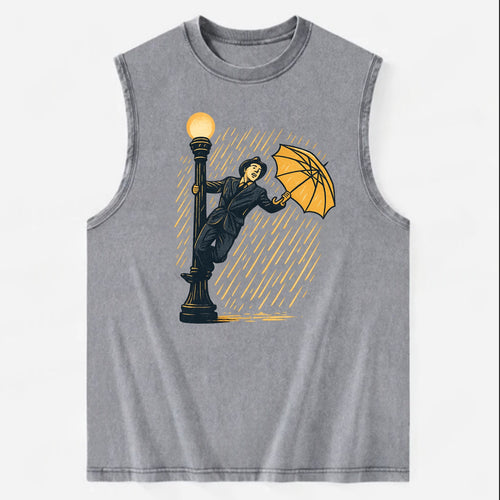 joyful dancing on lamppost in heavy rain with big smile - Vintage Washed Tank