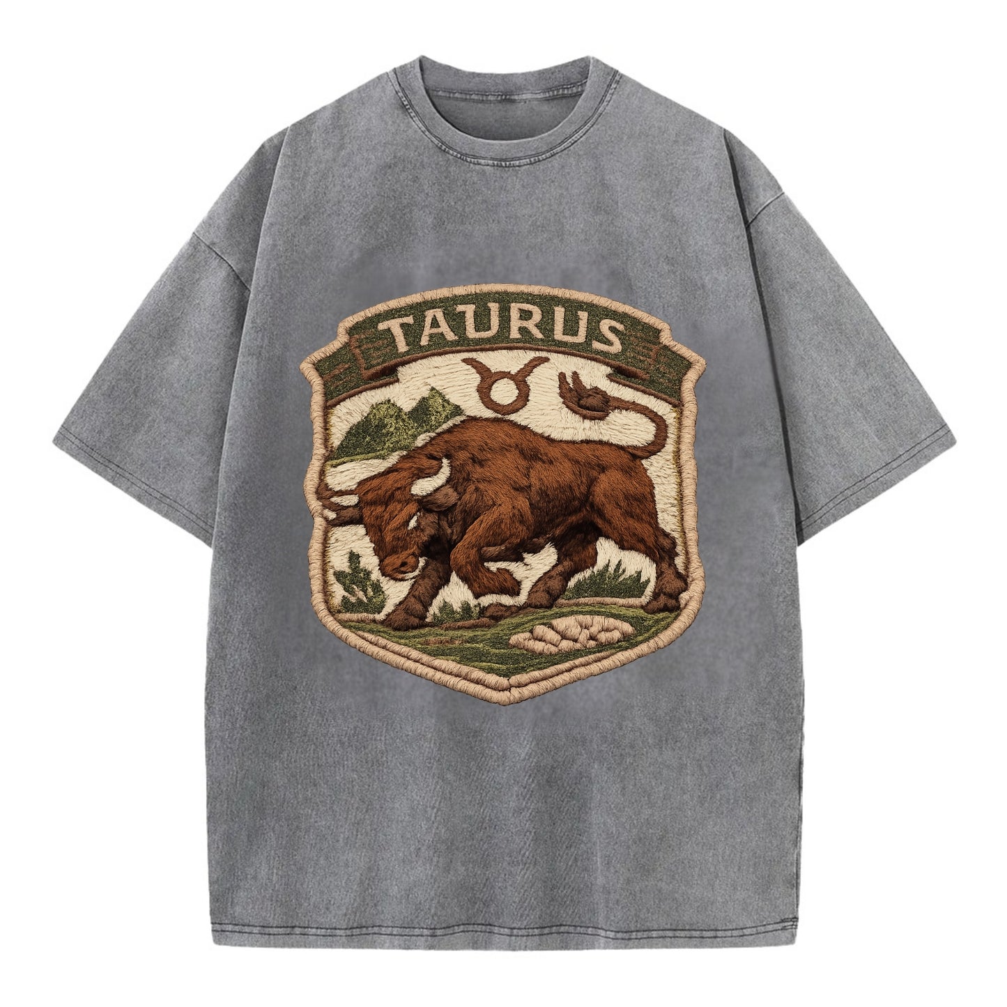 TAURUS BULL - strong bull in brown and green , earth sign - Vintage T-shirt - Grey