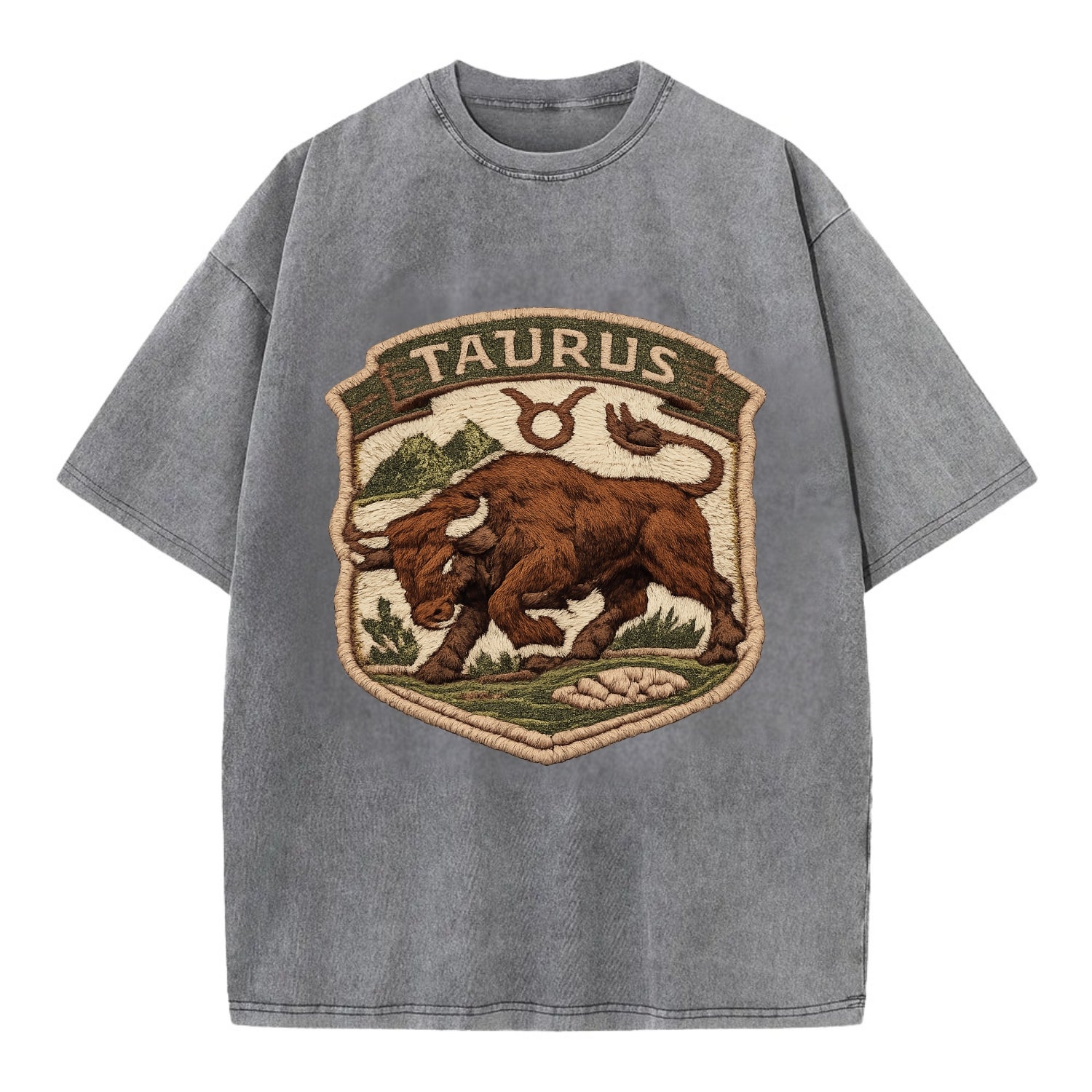 TAURUS BULL - strong bull in brown and green , earth sign - Vintage T-shirt - Grey