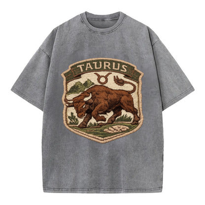 TAURUS BULL - strong bull in brown and green , earth sign - Vintage T-shirt - Grey