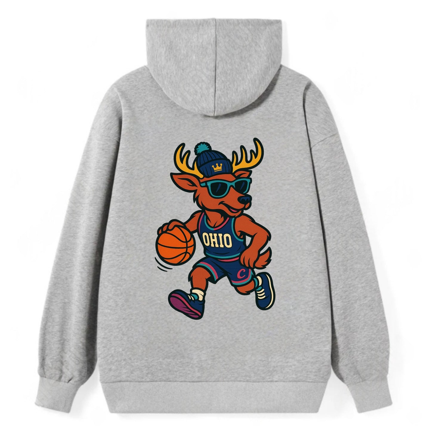 Ohio Deer wearing Cavs beanie with crown patch and wayfarer sunglasses - Classic Pullover Hoodie - Grey
