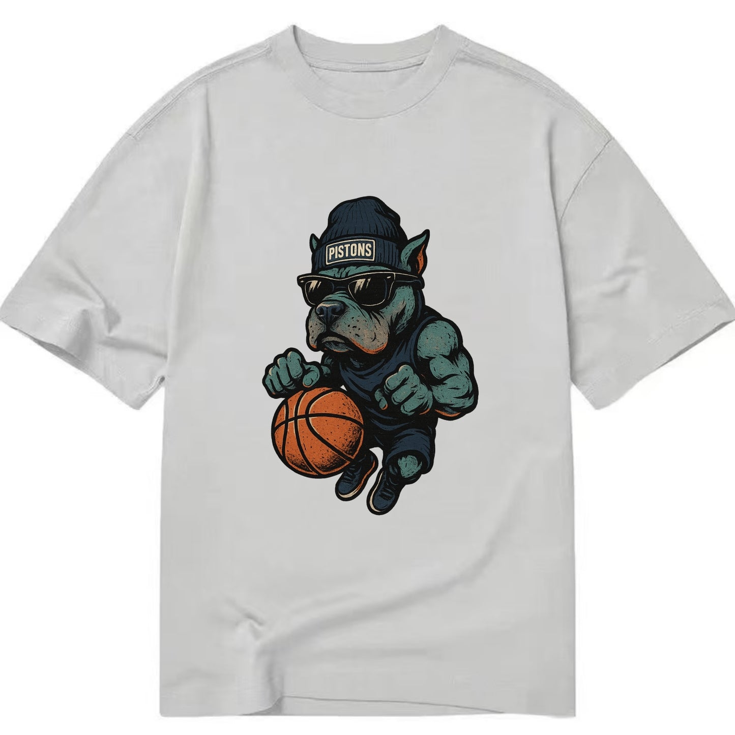 Detroit Pitbull wearing Pistons beanie with chrome patch and wayfarer sunglasses - Classic T-shirt - Grey