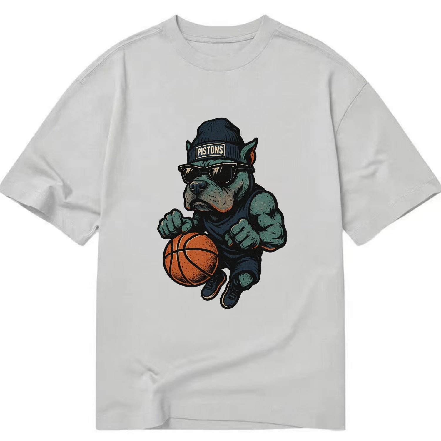 Detroit Pitbull wearing Pistons beanie with chrome patch and wayfarer sunglasses - Classic T-shirt - Grey