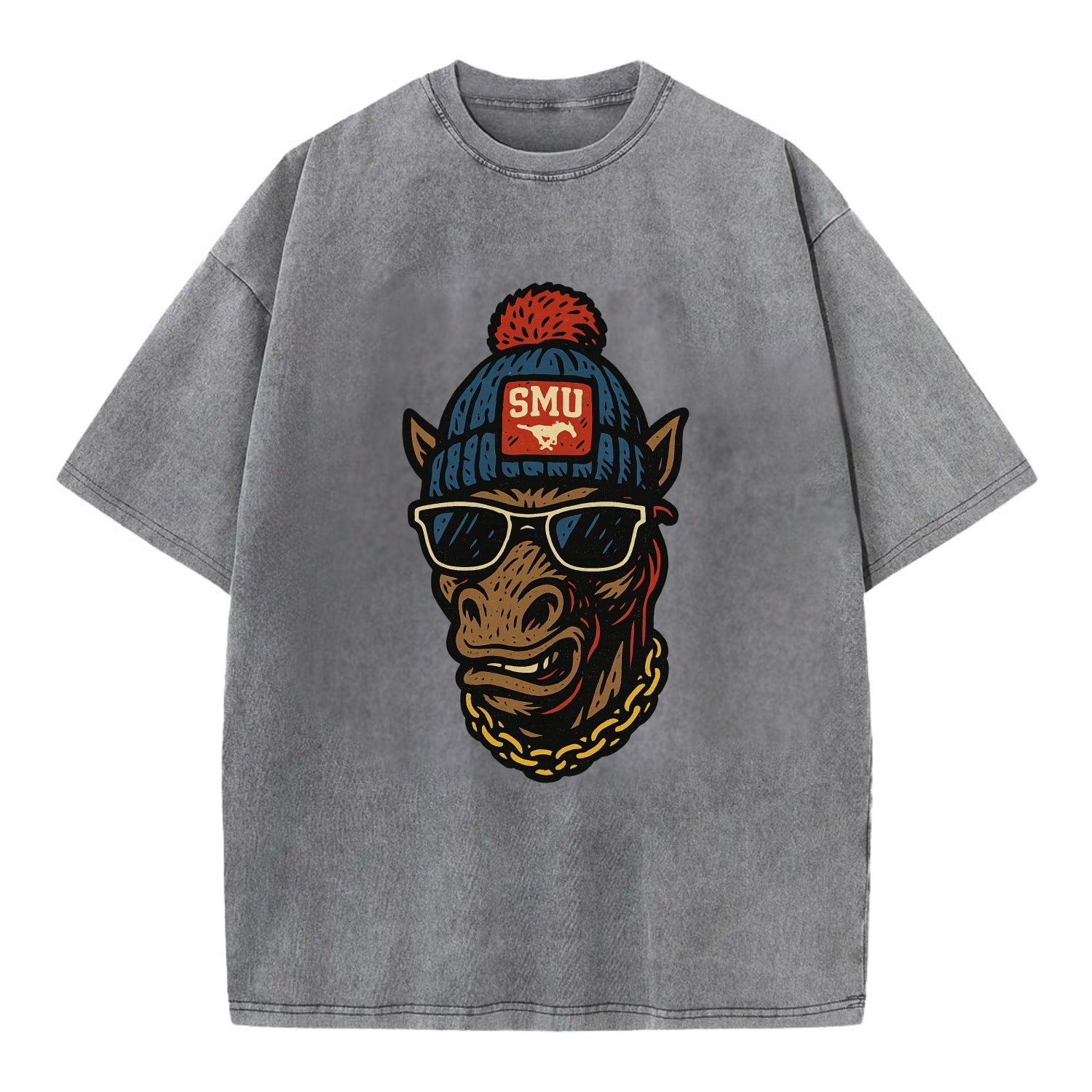 Dallas Mustang wearing SMU beanie with pony patch - Vintage T-shirt - Grey