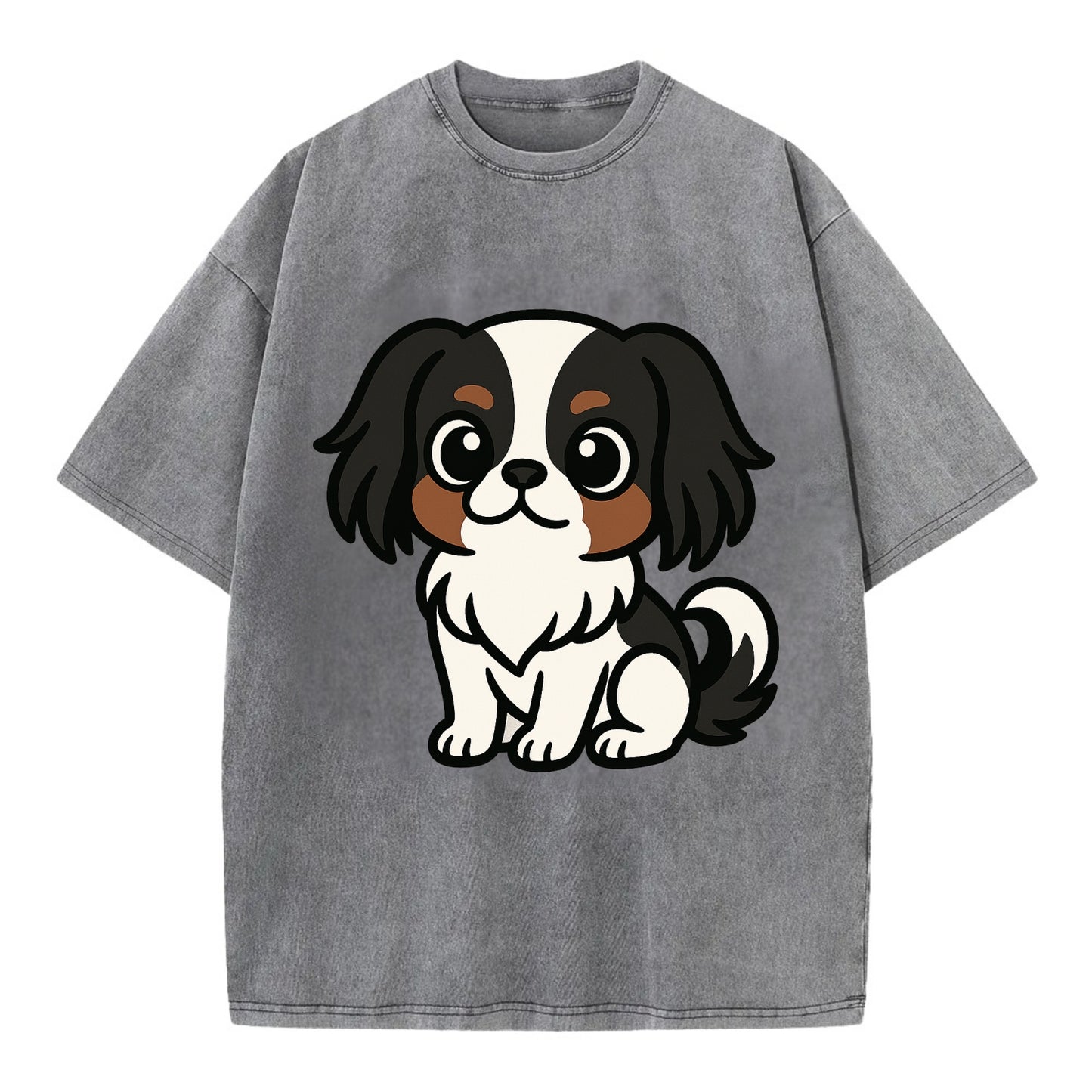 Japanese Chin - Black and white sitting pose - Vintage T-shirt - Grey