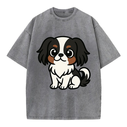 Japanese Chin - Black and white sitting pose - Vintage T-shirt - Grey