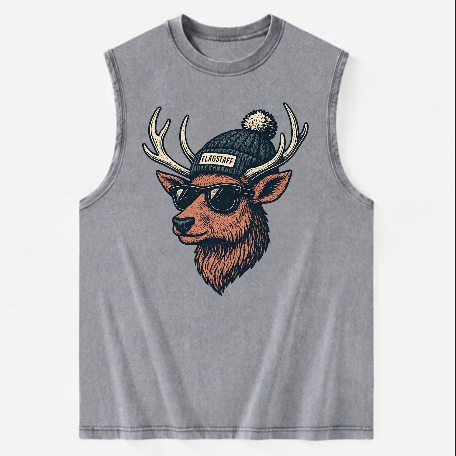 Flagstaff Elk wearing Flagstaff beanie with pom pom and wayfarer sunglasses - Vintage Washed Tank - Grey