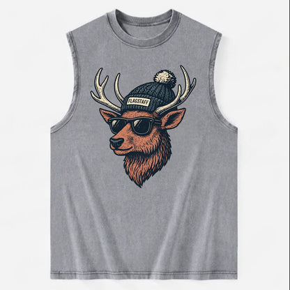 Flagstaff Elk wearing Flagstaff beanie with pom pom and wayfarer sunglasses - Vintage Washed Tank - Grey