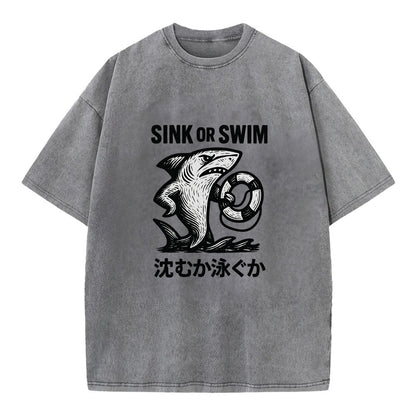 Sink or Swim - Shark holding a life pres Vintage T-shirt - Grey