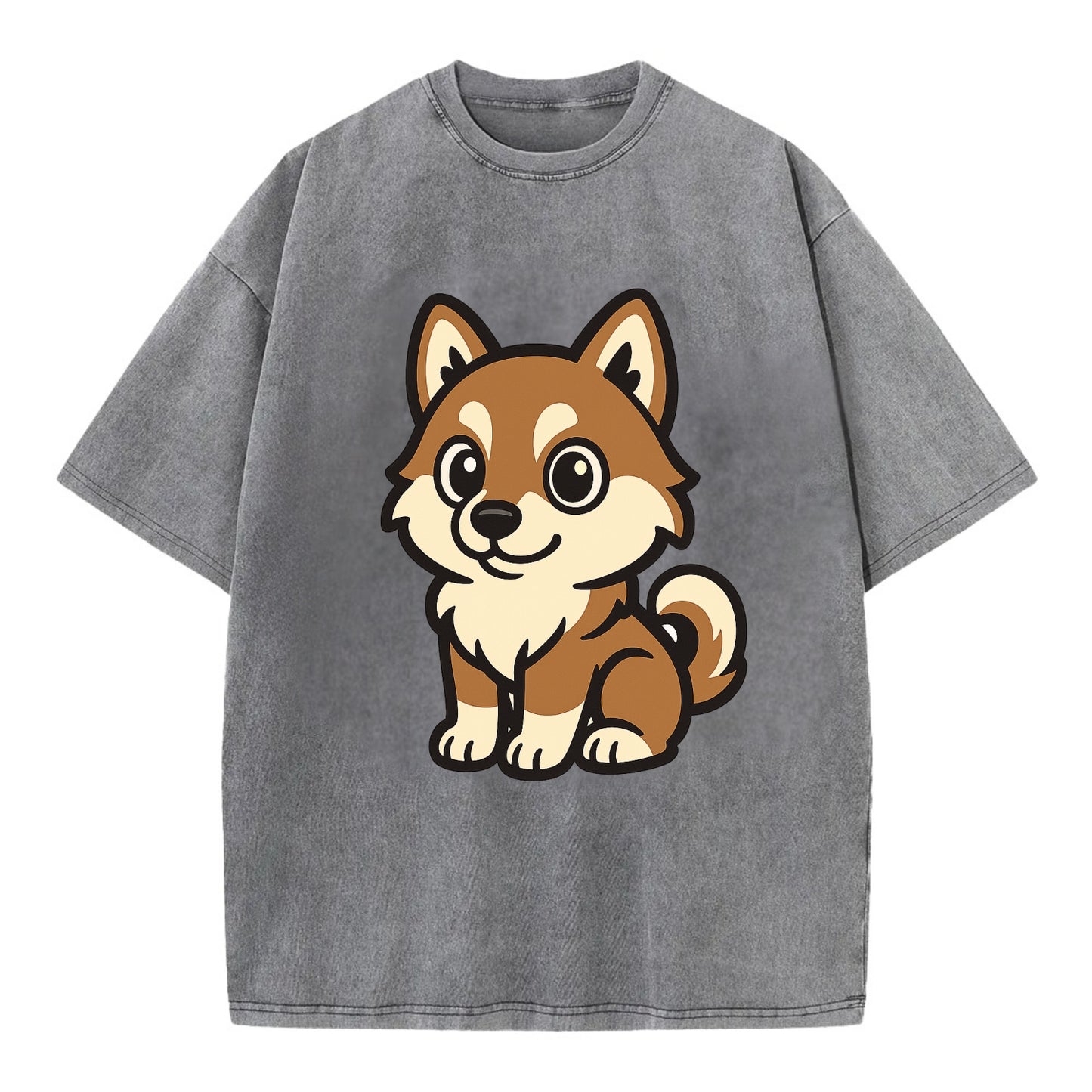 Pomsky - Pomeranian-Husky mix sitting pose - Vintage T-shirt - Grey