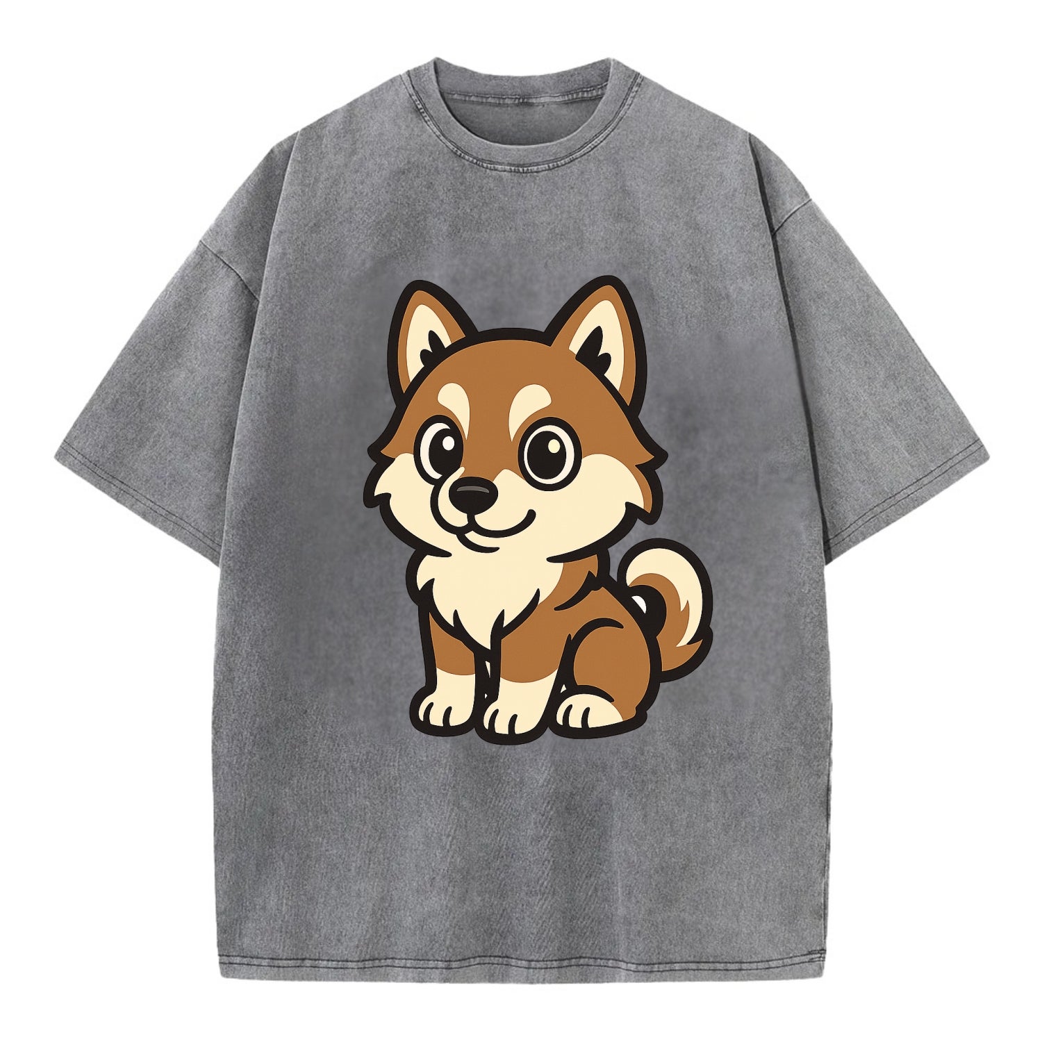 Pomsky - Pomeranian-Husky mix sitting pose - Vintage T-shirt - Grey