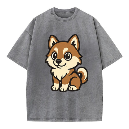 Pomsky - Pomeranian-Husky mix sitting pose - Vintage T-shirt - Grey