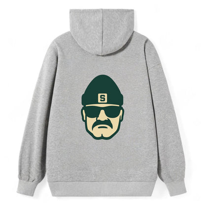East Lansing Spartan wearing Michigan State beanie with S patch - Classic Pullover Hoodie - Grey