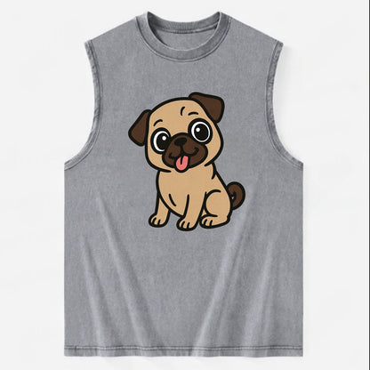 Pug - Tilted head with tongue out - Vintage Washed Tank - Grey