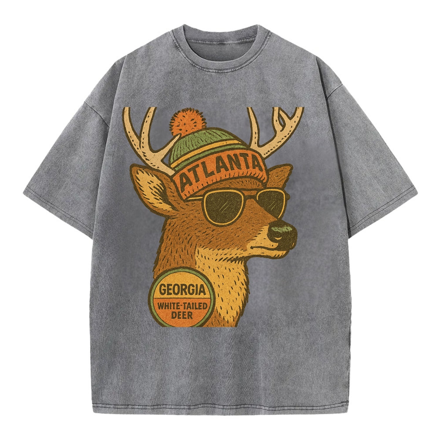 Georgia White-tailed Deer wearing Atlanta beanie with pom pom and wayfarer - Vintage T-shirt - Grey