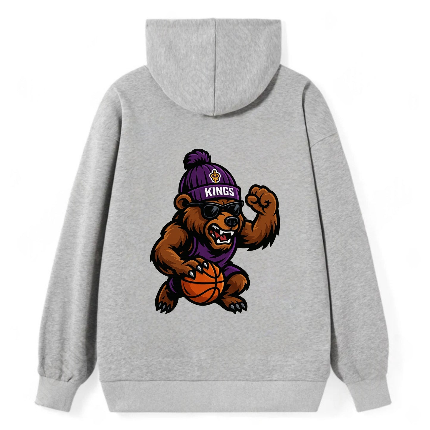 California Grizzly wearing Kings beanie with royal scepter patch and - Classic Pullover Hoodie - Grey