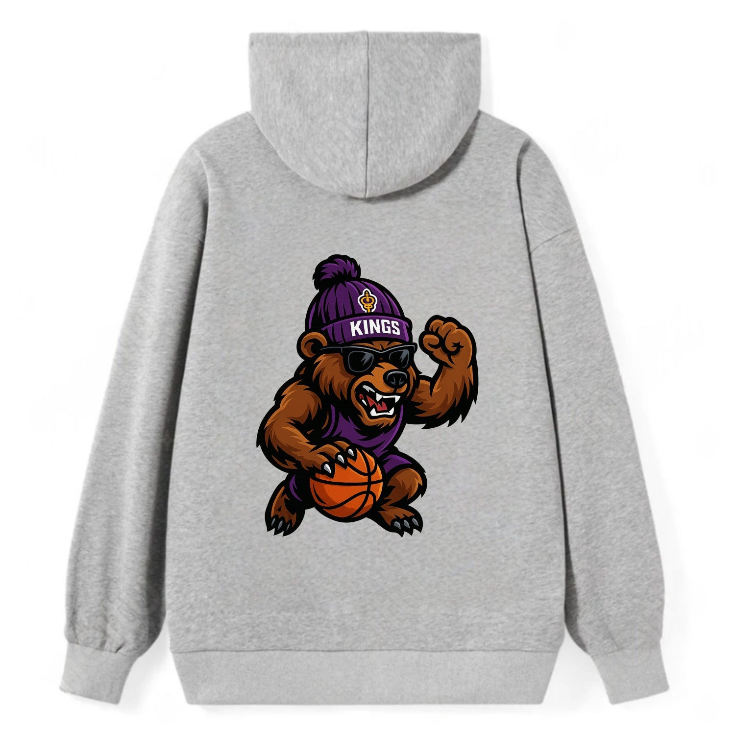 California Grizzly wearing Kings beanie with royal scepter patch and - Classic Pullover Hoodie - Grey
