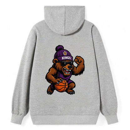 California Grizzly wearing Kings beanie with royal scepter patch and - Classic Pullover Hoodie - Grey