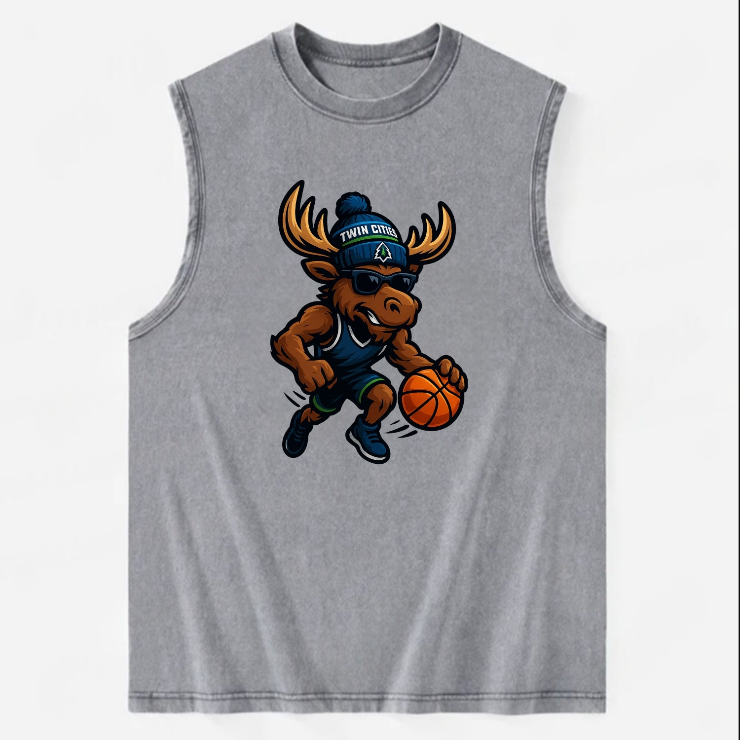 Twin Cities Moose wearing Timberwolves beanie with pine tree patch and - Vintage Washed Tank - Grey
