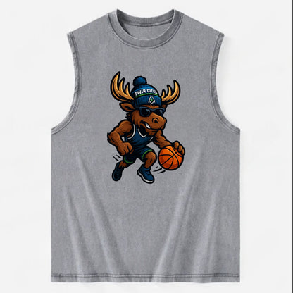 Twin Cities Moose wearing Timberwolves beanie with pine tree patch and - Vintage Washed Tank - Grey