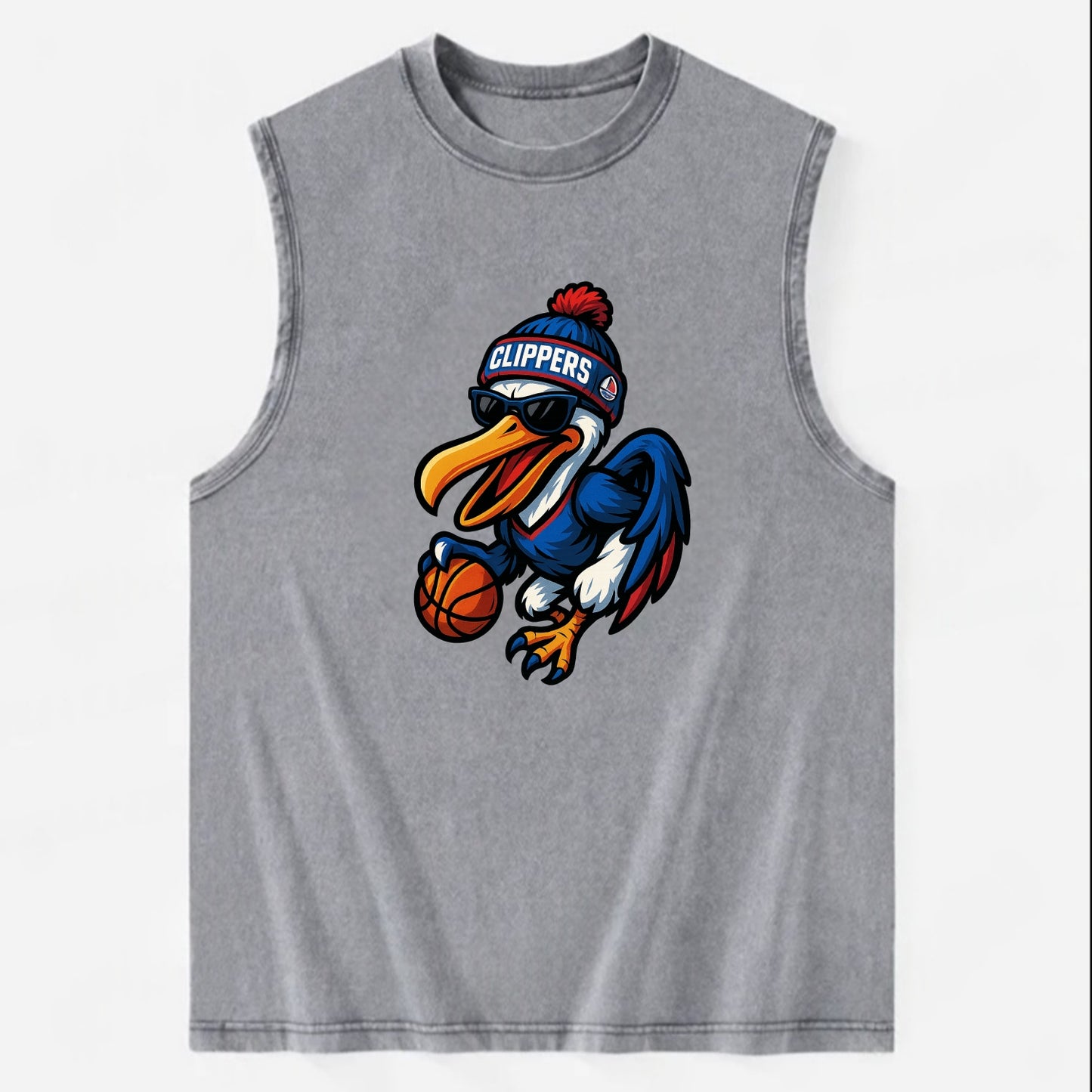 Los Angeles Pelican wearing Clippers beanie with sailboat patch and wayfarer - Vintage Washed Tank - Grey