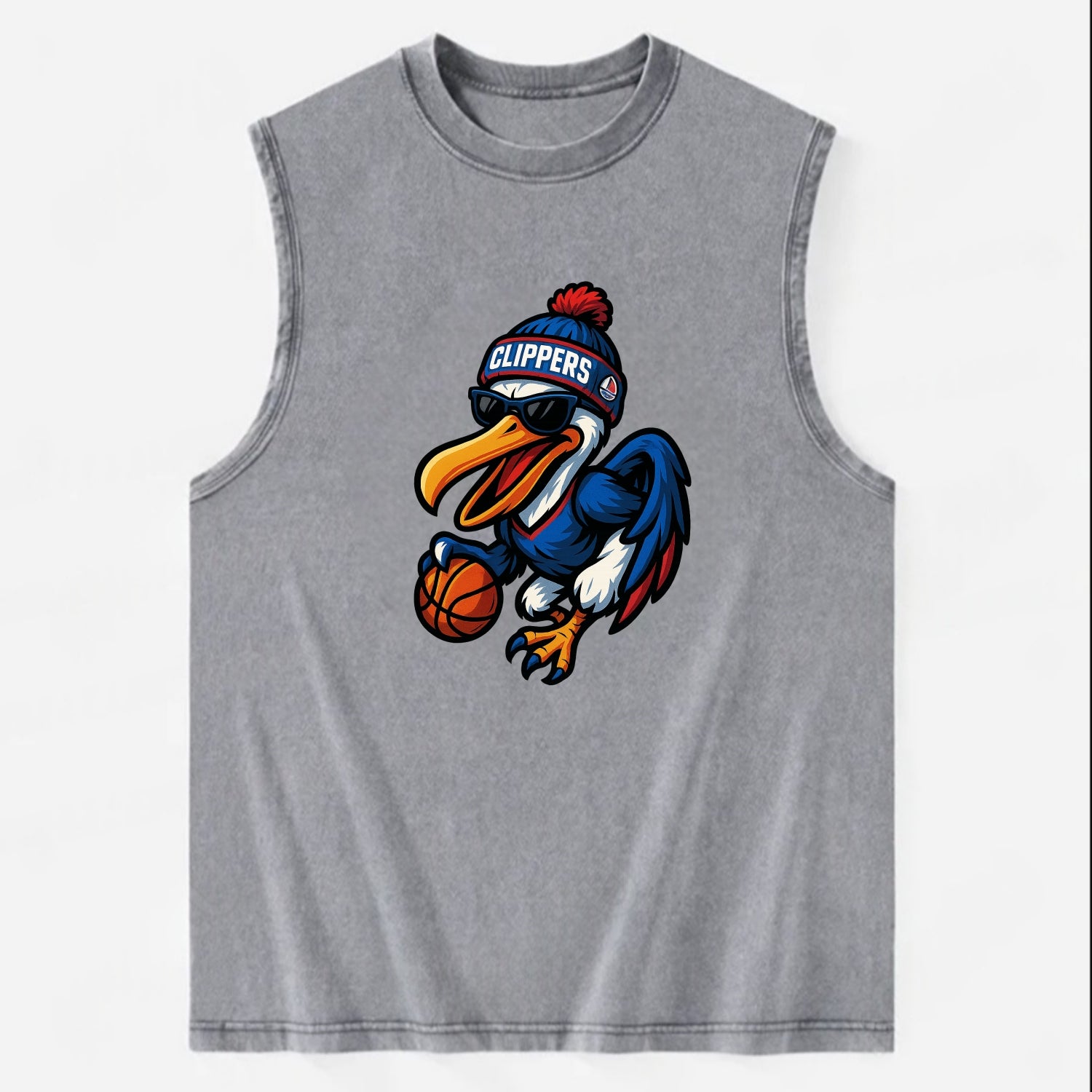 Los Angeles Pelican wearing Clippers beanie with sailboat patch and wayfarer - Vintage Washed Tank - Grey